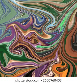 Energetic abstract art piece in rich earthy tones, greens, purples, and oranges. Great for bold design statements, creative backgrounds, or interior concepts.