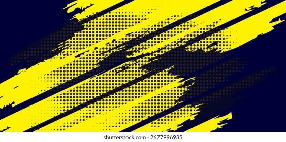El enérgico arte abstracto muestra líneas amarillas llamativas, texturizadas con puntos semitonos, que se cruzan diagonalmente contra un fondo azul profundo, creando un diseño dinámico y moderno