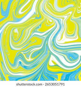Energetic abstract artwork in yellow, white, and blue tones with fluid dynamic motion and bold curves.