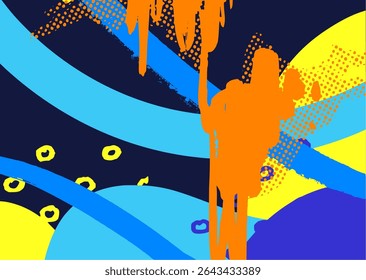 Energetic abstract background with blue curves, yellow base, orange paint splashes, and graffiti-style textures. Bold and modern for urban design and branding.