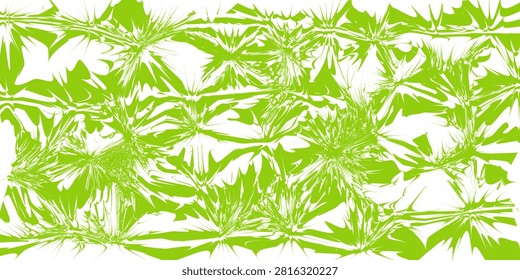 Energetic abstract background featuring a dynamic pattern of spiky, sharp starbursts and explosive splash motifs in vibrant chartreuse lime green against a crisp white field. P