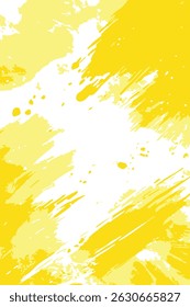 An energetic abstract background featuring vibrant yellow paint splashes and bold brush strokes over white, creating a dynamic and artistic distressed texture.