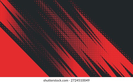 Energetic abstract background featuring vivid red and dark black bold diagonal lines with halftone dot texture and grunge brush strokes, ideal for gaming, sports, or modern digital art