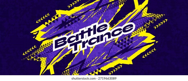 Energetic Abstract Background with Purple and Yellow Grunge Brush Strokes with Halftone Pattern. High Energy Background for Sports Event Banner or Poster Design