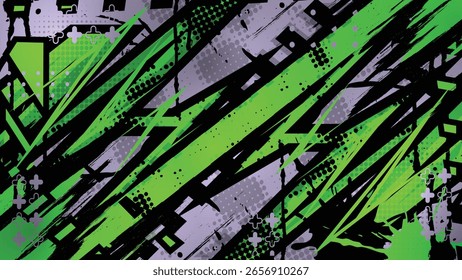 Energetic abstract background with sharp neon green strokes, halftone dots, and edgy grunge elements. Perfect for sport, tech, and street-style themes.