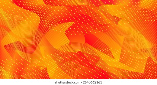 Energetic abstract background with wavy red and yellow lines, halftone dots, and vibrant motion. Ideal for digital art, banners, posters, web, and graphic projects.