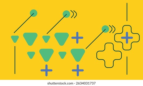 Energetic abstract composition with stacked triangles, plus signs, and directional lines on yellow. Great for digital media and modern branding visuals.