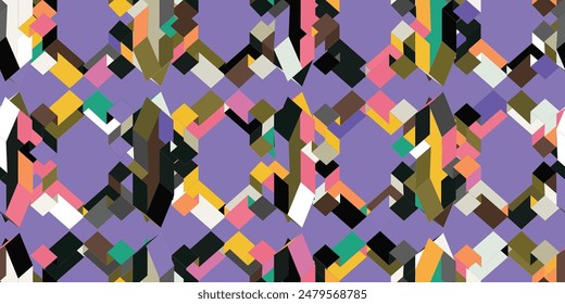 An energetic abstract design featuring colorful geometric shapes set against a bright purple background