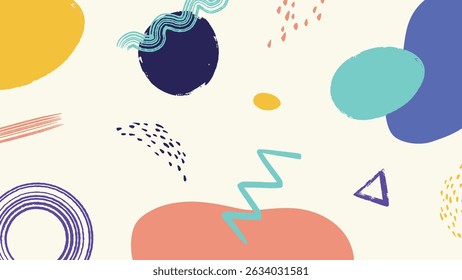 Energetic abstract design with vibrant shapes, zigzags, and colorful forms on a light background for trendy visuals.