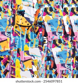 An energetic abstract design with vivid geometric shapes and a lively mix of blue, yellow, pink, and orange tones. Ideal for contemporary decor, fashion, digital artwork, or creative projects.