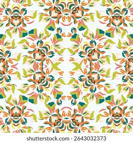 Energetic abstract floral pattern showcasing a symmetrical kaleidoscope of orange, green, blue, and white shapes on a light background. Perfect for modern, dynamic designs