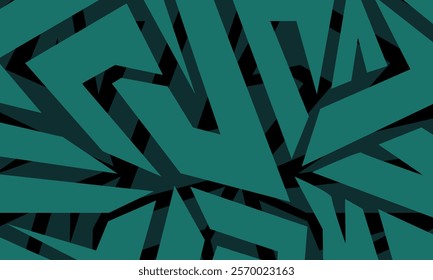 Energetic abstract geometric design with cascading teal forms set against a contrasting black background, creating a layered visual depth.