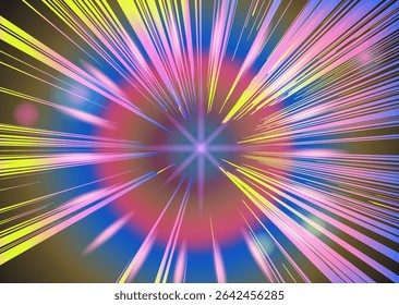 Energetic abstract illustration in modern vaporwave style: vibrant streaks of yellow, pink, blue radiate from a glowing center, creating a sense of cosmic motion and intensity.