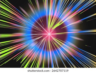 Energetic abstract illustration in modern vaporwave style: vibrant streaks of yellow, pink, blue radiate from a glowing magenta center, creating a sense of cosmic motion and intensity.