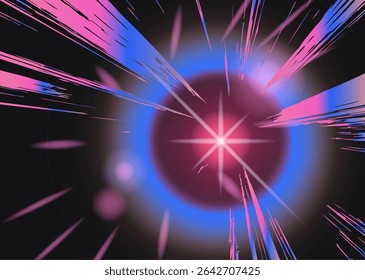 Energetic abstract illustration in modern vaporwave style: vibrant streaks of pink and blue radiate from a glowing magenta center, creating a sense of cosmic motion and intensity.