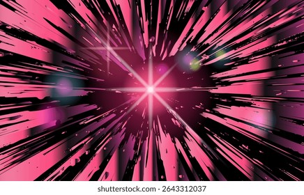 Energetic abstract illustration in modern vaporwave style: vibrant streaks of pink radiate from a glowing magenta center, creating a sense of cosmic motion and intensity.