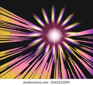 Energetic abstract illustration in modern vaporwave style: vibrant streaks of yellow, pink, blue radiate from a glowing magenta center, creating a sense of cosmic motion and intensity.