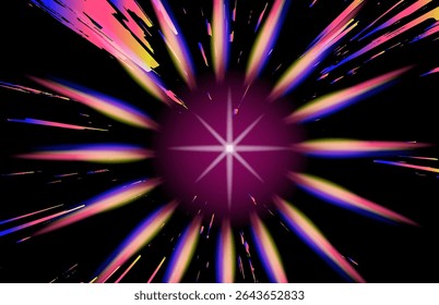 Energetic abstract illustration in modern vaporwave style: vibrant streaks of yellow, pink, blue radiate from a glowing magenta center, creating a sense of cosmic motion and intensity.