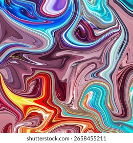 Energetic abstract painting with vibrant reds, blues, purples, and yellows swirling in chaotic harmony. 