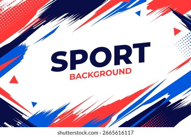 Fondo deportivo Abstractas energético con pinceladas rojas, azules y blancas, Formas geométricas y patrones de puntos para el diseño de carteles o Anuncios