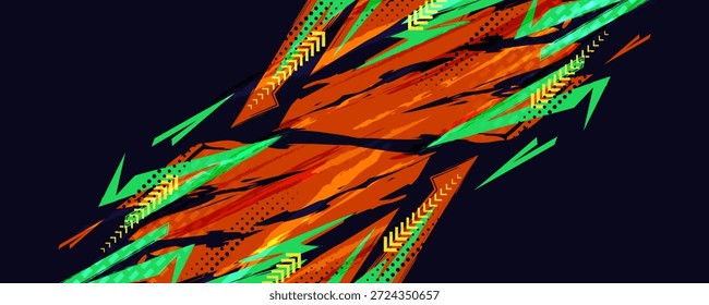 Esportes abstratos energéticos fundo com laranja afiada e verde escova traços e padrão de meio-tom. Design de fundo de cartaz ou banner esportivo
