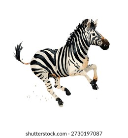 Enérgica cebra africana galopando, representada en un dinámico Vector de estilo acuarela. Ideal para proyectos de diseño de vida silvestre, safari y niños.