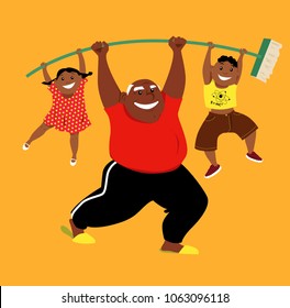 Energetic African-American grandfather exercising with his two grandchildren, EPS 8 vector illustration