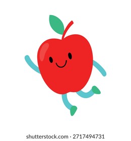 Energetic apple character jumping in the air bright red body flat vector artwork ideal for playful branding animation concepts and happy visuals