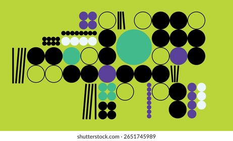 Energetic arrangement of solid and outlined circles with vibrant highlights on a bold purple background, perfect for tech and art themes.