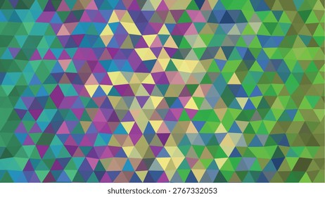 An energetic array of tiny, interconnected polygons in a kaleidoscope of greens, blues, yellows, and purples creating a lively surface.