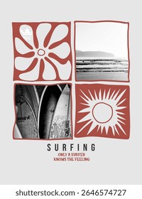 Arte enérgica de um surfista cavalgando as ondas, expressando liberdade e diversão de verão. Perfeito para roupas ativas e coleções de cultura de praia.