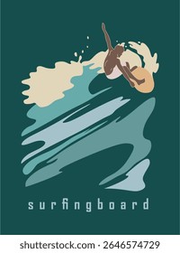 Arte enérgica de um surfista cavalgando as ondas, expressando liberdade e diversão de verão. Perfeito para roupas ativas e coleções de cultura de praia.