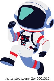 Energetic astronaut running in white suit, leaning forward with clenched fists, illustrating dynamic space exploration or urgency concept.