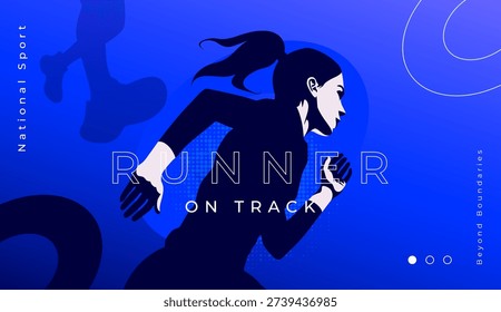 Energetic athletic running concept featuring a woman sprinter in motion. Ideal for sports tournament, healthy lifestyle campaigns, and National Sports Day event. Athlete silhouette in full sprint. 