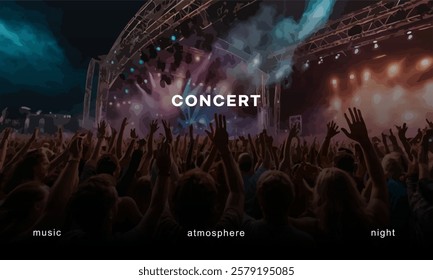 The energetic atmosphere of a night music concert with a crowd of spectators raising their hands in front of a large stage.