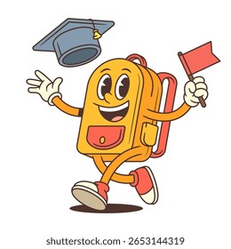 Energetic backpack mascot jumps with one leg up, holding a graduation cap and flag, radiating excitement and success. Great for academic milestones and festive promotions. vector illustration
