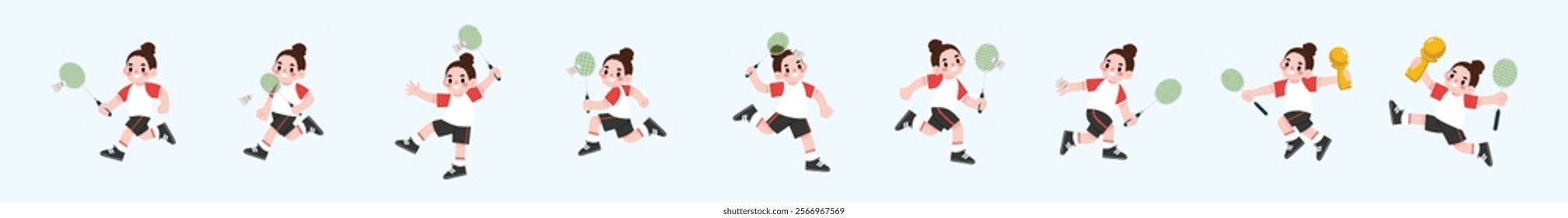 Energetic Badminton Player Girl Action Poses Cartoon Illustration