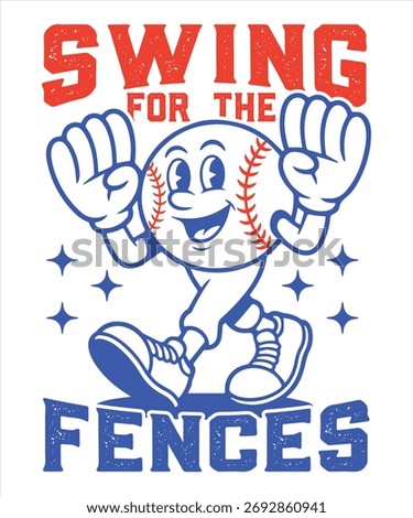 Energetic baseball cartoon mascot vector with text Swing for the Fences. Perfect retro sports typography design for t-shirts, posters, and team apparel.