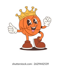 Energetic basketball mascot character with crown, gloves, and boots showing thumbs up in dynamic pose. Fun cartoon style with playful mood and bold lines. Vector illustration