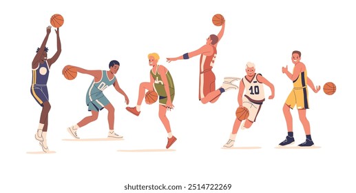 Energetic Basketball Players Showcase Dynamic Poses With Intense Actions. Athletes In Motion, Highlighting Team Spirit