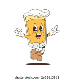 Energetic beer glass mascot with foamy top jumping in the air, perfect for festivals, advertising, events, and food-themed content. Vector mascot illustration.