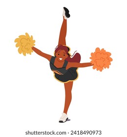 Energetic Black Cheerleader Girl Balancing on One Leg, Waves Pompoms With Contagious Enthusiasm. Radiant Smile, Precise Moves, And Dynamic Spirit Embody The Essence Of Team Support And School Pride