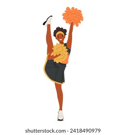 Energetic Black Cheerleader Girl Character In Vibrant Uniform Wields Pompoms With Flair. Spirited Smiles, High Kicks, And Infectious Enthusiasm Define Her Captivating Presence On The Sidelines, Vector