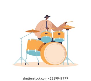 Energetic Black Jazz Drummer Character Passionately Playing Intricate Rhythms, Delivering Captivating Beats, Vector