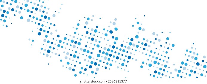 Energetic blue geometric frame. Great for business, tech, and medical posters, presentations. Chaotic hexagons, particles, and fragments create a textured cellular network feel.  Vector illustration.