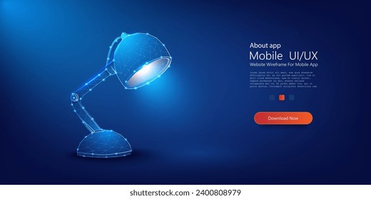 Energetic Blue Neon Light Desk Lamp in Wireframe Style on Dark Background - Vector Illustration Concept