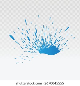 Espirro azul energético com tons de gradiente suave, gotas dispersas e listras dinâmicas, isolado em um fundo transparente para uso de design criativo.