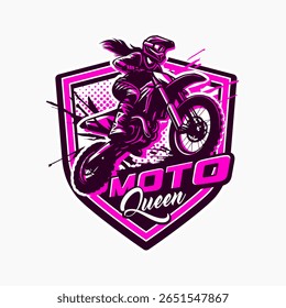 Energetic and bold motocross illustration featuring a female rider on a dirt bike, designed in a dynamic comic style with vibrant pink and purple tones. Perfect for female biker communities.