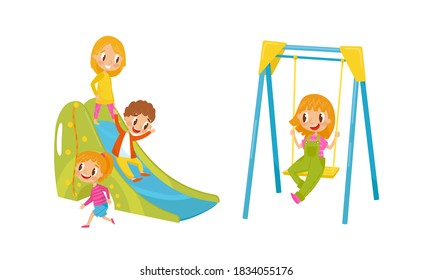 Energetic Boy and Girl Going Down Slide and Swinging in Playground Vector Set