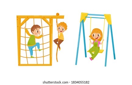 Energetic Boy and Girl Playing in Playground Vector Set